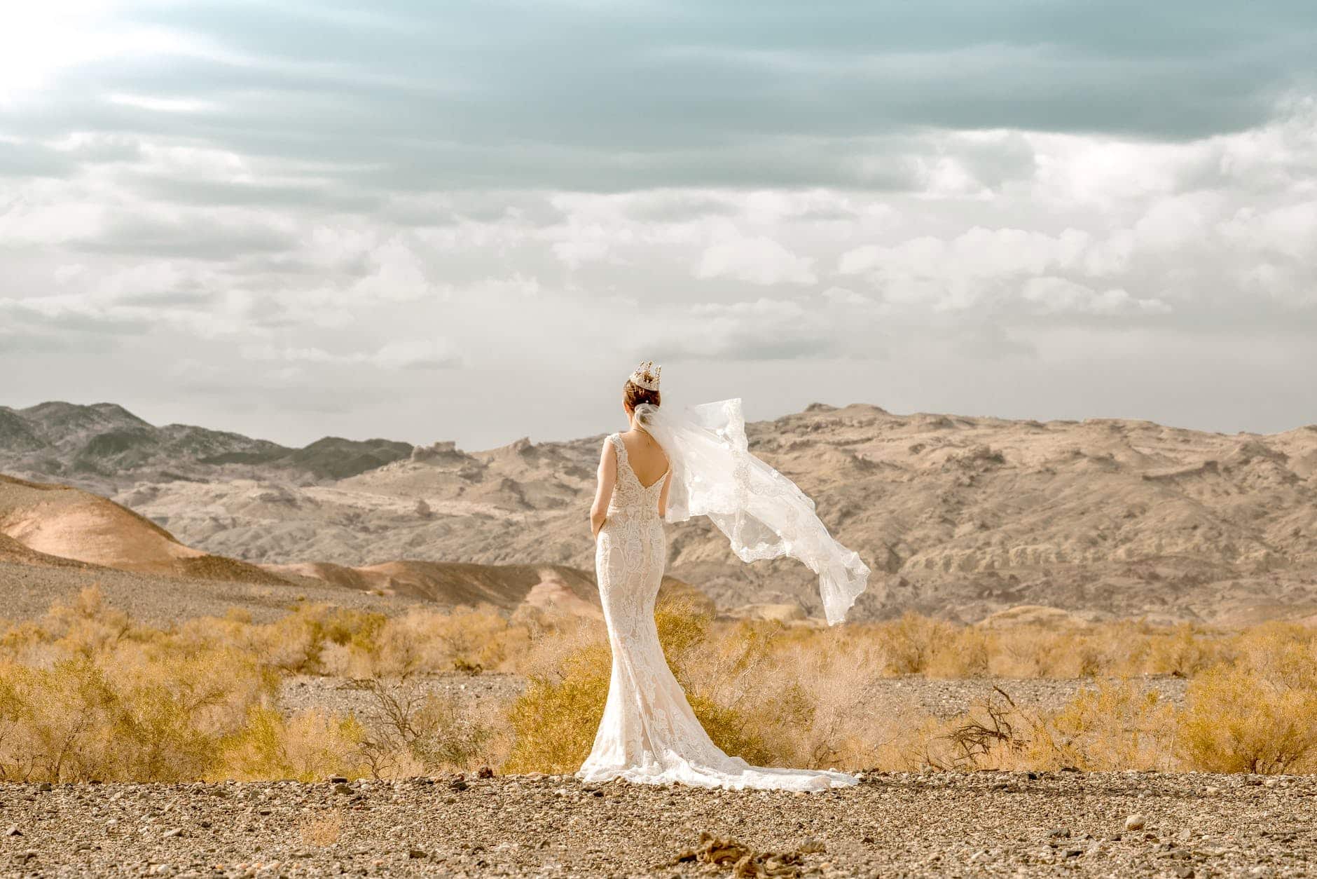 blog bride in wedding dress standing in wilderness