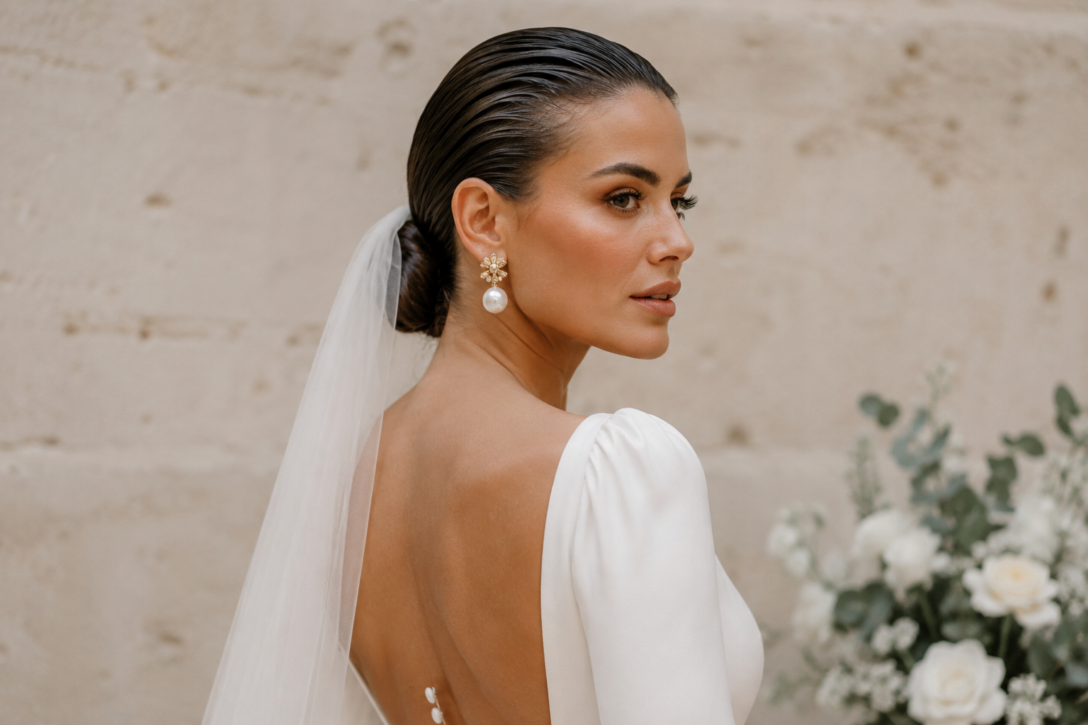 Mariée avec une coiffure style wet look et voile