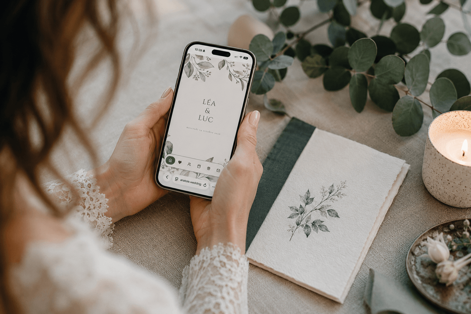 Photo d'une femme sur son téléphone qui regarde un site de mariage créé sur Anatole Wedding