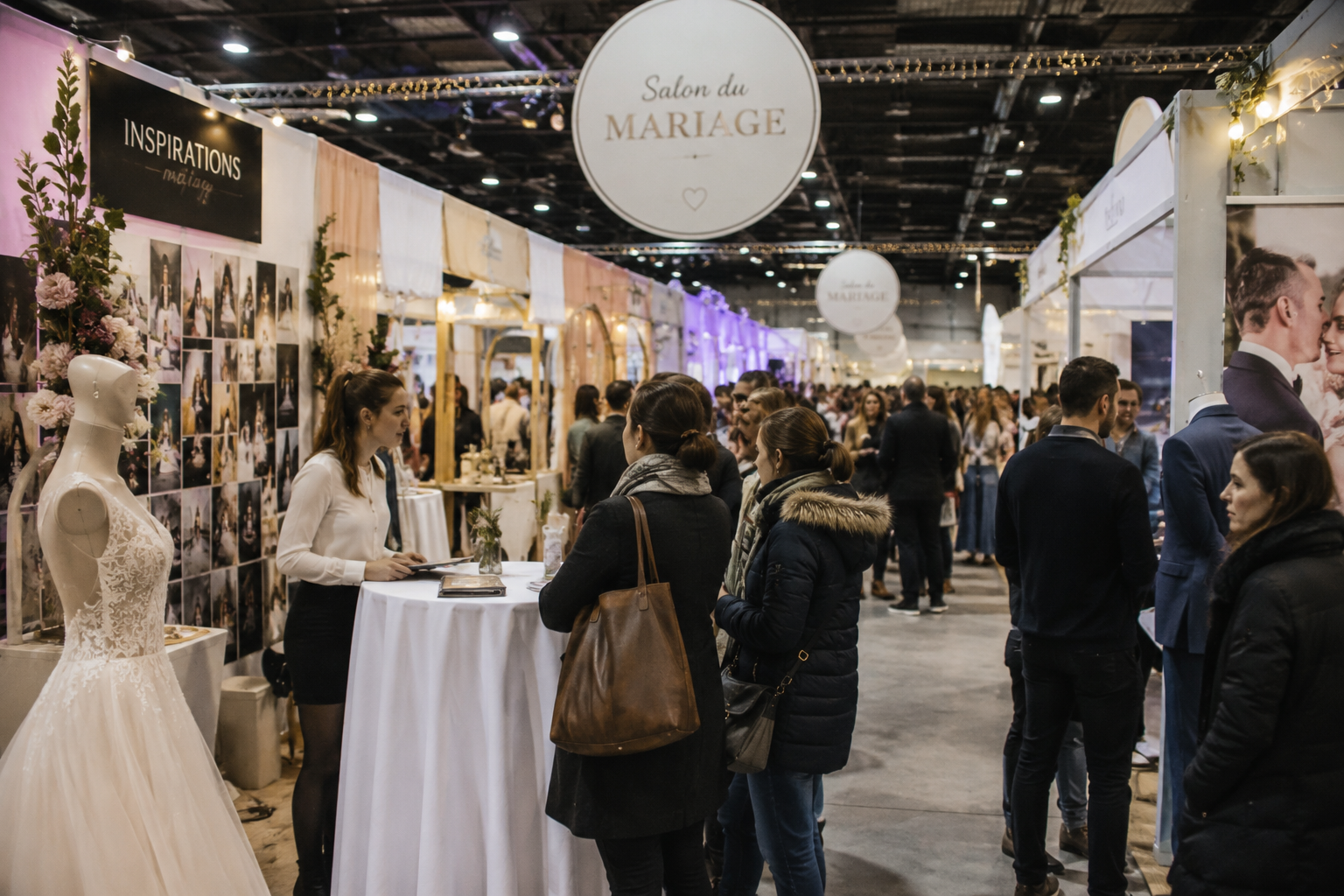 Photo prise lors d'un salon du mariage avec des personnes qui se renseignent pour l'organisation de leur mariage